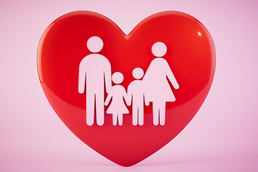 life insurance for the whole family. Silhouettes of a family and a heart on a pink background. 3D render.