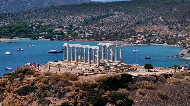 Aerial closeup view of the Temple of Poseidon at Cape Sounion