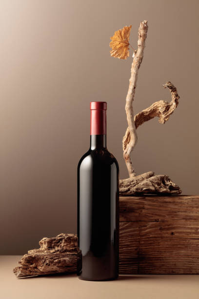 butelka czerwonego wina z kompozycją starego drewna. - driftwood wood weathered plank zdjęcia i obrazy z banku zdjęć