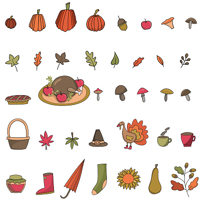 istock fall elements set. Thanksgiving day elements. Leaves , pumpkins, turky, pie, cups and other cozy vector illustrations for great autumn 1514154109