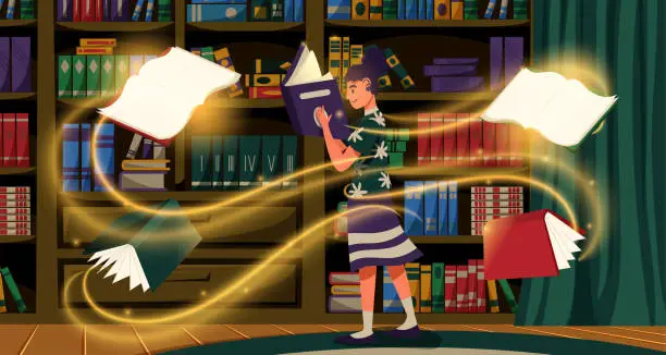 Vector illustration of Magical flying books. Fairytale library interior. Girl in bookstore. Glowing shelf and chair. Child inside room. Happy kid reading novels. Fiction literature. Vector garish background