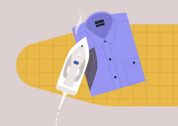 Vector illustration of A burned folded shirt and a hot iron on an ironing board, household chores, daily routine