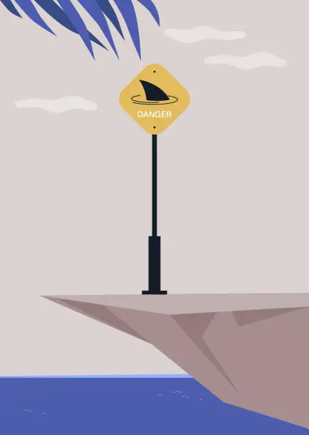 Vector illustration of A cliff with a beautiful ocean view and a caution road sign indicating a shark fin