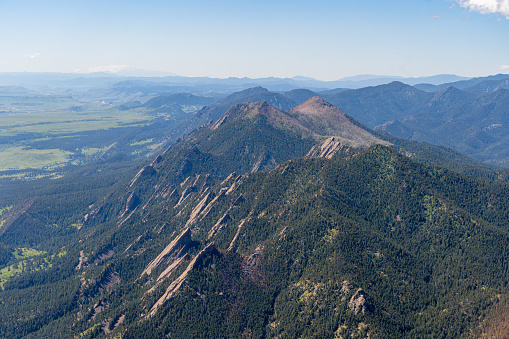Aerial photo above Boulder Colorado on a clear day looking South above the Flatiron mountains