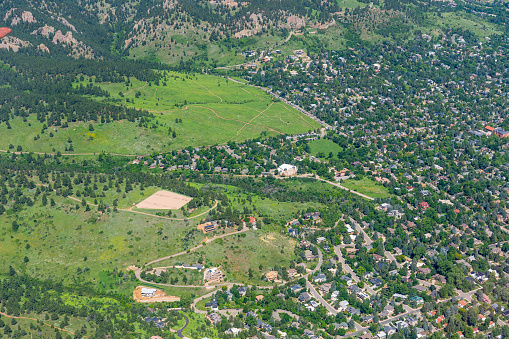 Aerial View above Boulder Colorado looking West at Chitauqua Park, meadow, trails and Auditorium