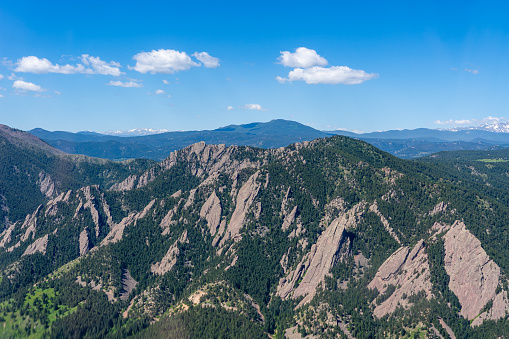 Aerial photo above Boulder Colorado on a clear day  looking West at Flatiron Mountains