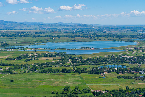 Aerial photo above Boulder Colorado on a clear day looking north towards Boulder Reservoir, and Sixmile Reservoir