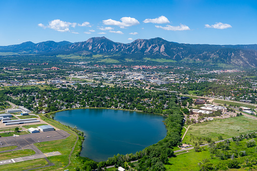 Aerial photo above Boulder Colorado on a clear day looking southwest at Hayden Lake