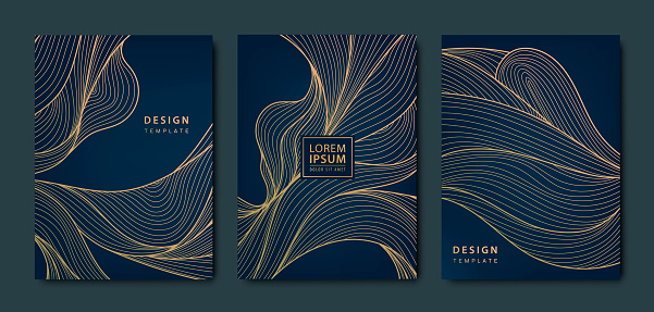 Vector set of abstract wavy liquid cards, hand drawn line waves. Golden luxury covers, japanese style package, posts, brochures