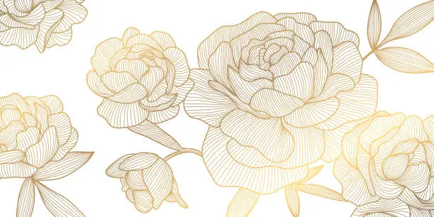 Vector illustration of Vector flower golden pattern, roses line japanese style illustration. Luxury hand drawn florals for packaging, social media post, cover, banner, creative post and wall arts. Gold and white.