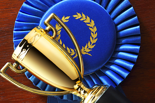 A trophy and a blue ribbon on a wood surface.