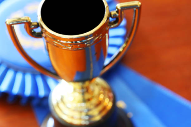 A trophy and a blue ribbon on a wood surface.