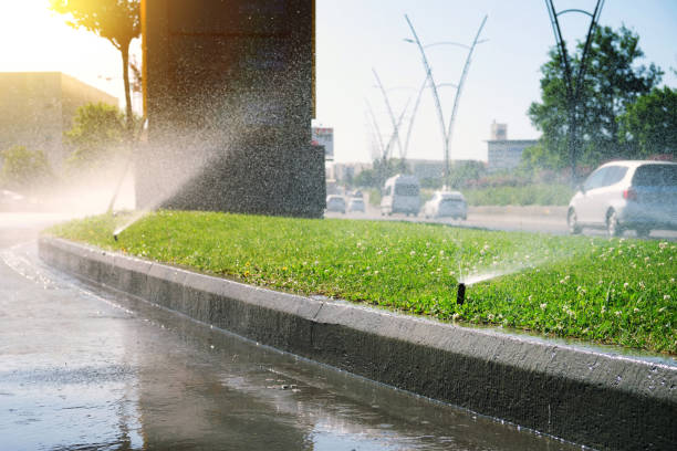 istock Automatic lawn irrigation system with ornamental grass on a highway. 1514199600