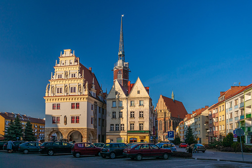 Historic buildings in the city center of Nysa in Poland.