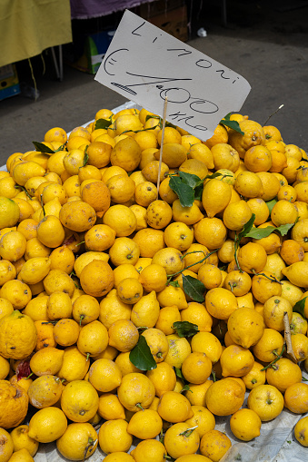 Fresh Itailian lemons (limoni) being sold at a local market in Sicily