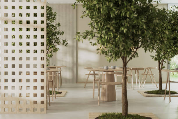 istock Cafe bar restaurant, 3d render. Empty restaurant interior daytime with wooden tables and chairs, tree plant inside, natural style, nobody indoor 1514318120