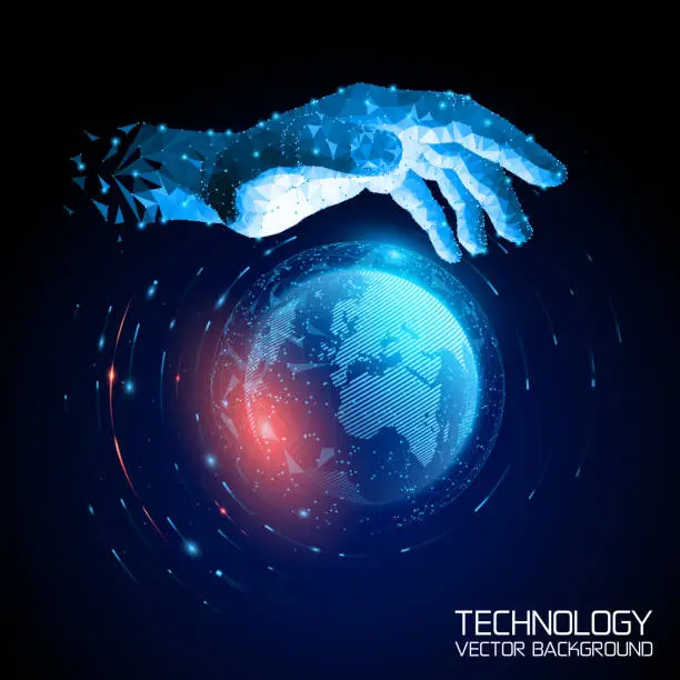 Vector illustration of Vector. Dark blue abstract tech background. The human hand covers the planet Earth. Futuristic polygonal image. Modern technologies. Dynamics and movement. Virtual reality and nanotechnologies.