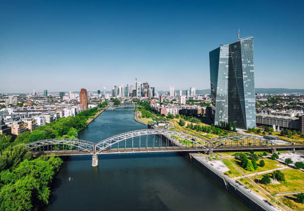 Aerial view of Frankfurt  with EZB tower under blue sky stock photo