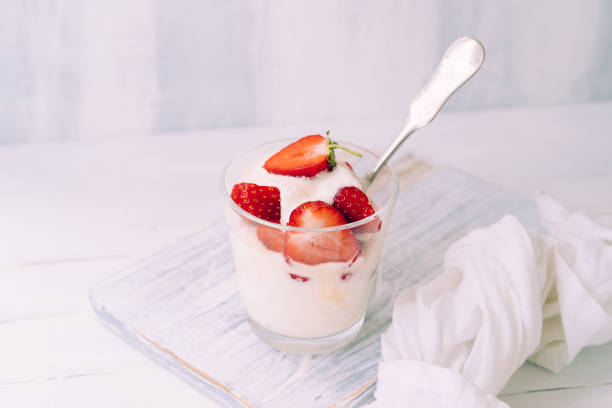 Curd dessert with strawberries stock photo