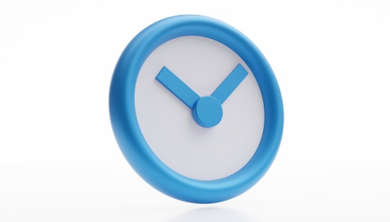 Wall Clock Blue Color Cartoon Icon isolated cutout on white background. Time measurement, checkmark deadline. Space, ad template. 3d render