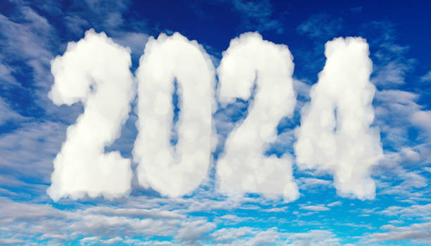 istock 2024 shape white cloud on cloudy sky background. Happy New Year. Greeting card template. 3d render 1514357221