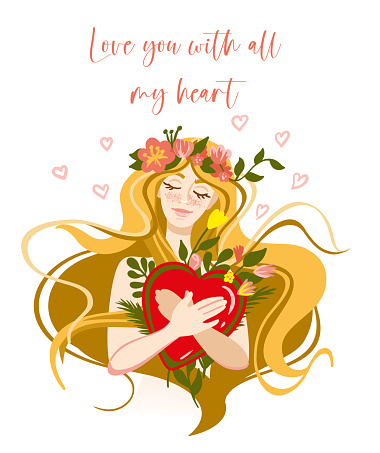 Declaration of love. Beautiful girl with a bouquet of flowers.  Symbol heart. Mothers day. San Valentine's Day. Vector illustration.