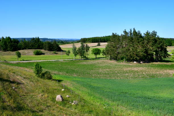 istock A view from a tall hill covered with trees, forests, moors, fields, and other flora with the view of a vast round and clean lake or river in the distance seen on a sunny summer day in Poland 1514402647