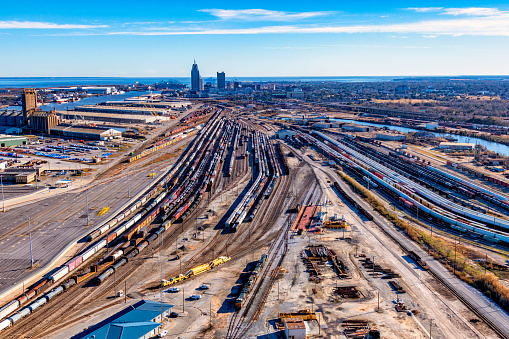 The large rail yards located adjacent to downtown Mobile, Alabama.