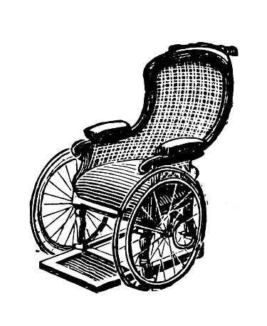 Antique image from British magazine: Wheelchairs and disabled carriages and chairs