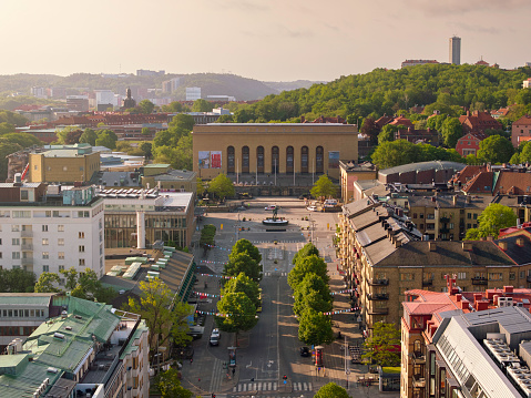 Aerial view of Avenyn (Kungsportsavenyn) and Götaplatsen town square in Gothenburg. At Götaplatsen is The Gothenburg Museum of Art and a Poseidon statue by Carl Milles.