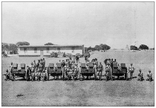 Antique image from British magazine: Sudan advance, Battery of the 87th Royal Irish Fusiliers