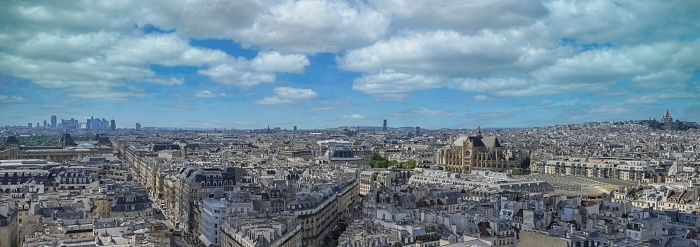 Paris, aerial view of the city, with the Saint-Eustache church, the new courthouse, Montmartre and la Defense in background