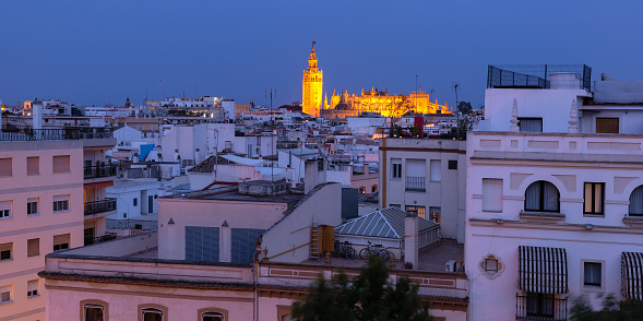Panoramic aerial view of famous Bell Tower named Giralda at night, Seville, Andalusia, Spain