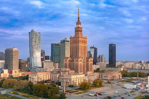 Palace of Culture and Science at sunrise, Warsaw city downtown, Poland.