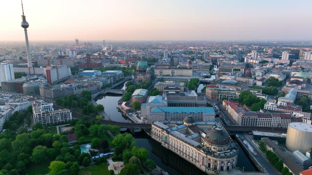 Aerial cityscape view City of Berlin, Germany. Park, Reichstag, TV Tower at sunset.