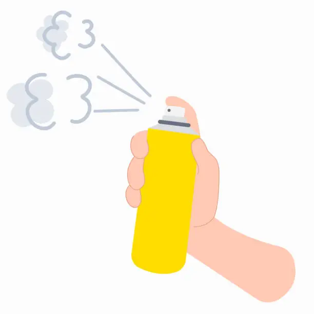 Vector illustration of Repellent spray in a yellow bottle. Protection against mosquitoes,ticks and other insects. Aerosol to prevent insect bites.