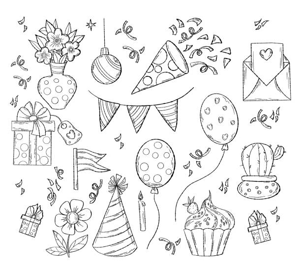 świąteczne urodziny. świąteczne bazgroły z kolekcji. bukiet kwiatów, czapka urodzinowa, tort, balony, prezenty i girlandy. izolowane liniowe rysunki liniowe do projektowania i dekoracji. - birthday balloon bouquet clip art stock illustrations