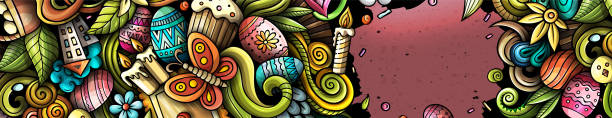 ilustrações de stock, clip art, desenhos animados e ícones de cartoon doodles happy easter banner - easter traditional culture backgrounds basket