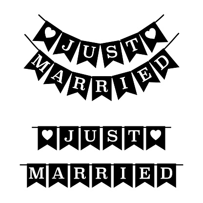 Just Married Hanging wedding decorative flags sign. Wedding invitation card. Vintage style. Black and white. Vector illustration.