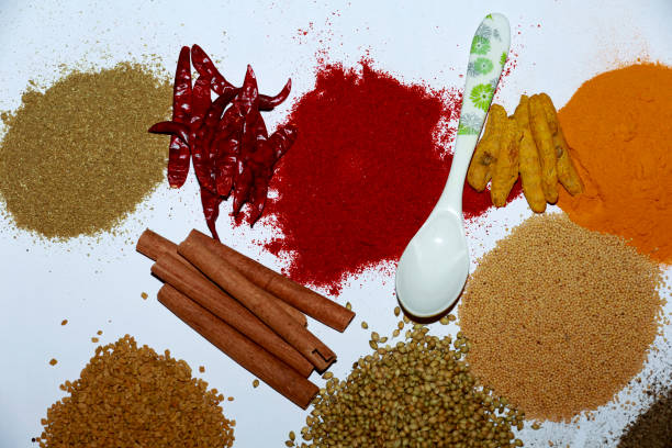 Set of dried Indian spices in serving plate table top view isolated on white background.