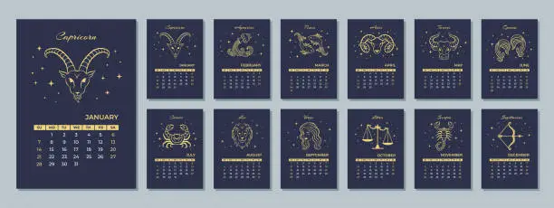 Vector illustration of 2024 monthly Zodiac calendar with the astrological sign. The week starts Sunday. 12 months of the year.