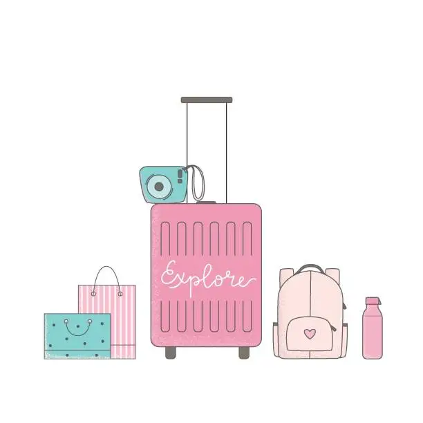 Vector illustration of Scene of cute girly travel stuff. Pink luggage with camera, bags vector illustration.