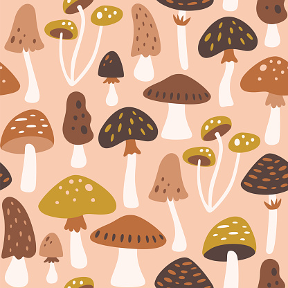 Mushrooms seamless pattern. Isolated mushrooms on warm color backrgound. Square repeat pattern design. Vector illustration.