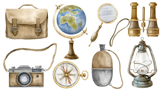 Vintage equipment set. Hand drawn watercolor illustration of retro globe, magnifying and lantern on white isolated background. Old instruments for navigation, travel and the science for clipart.