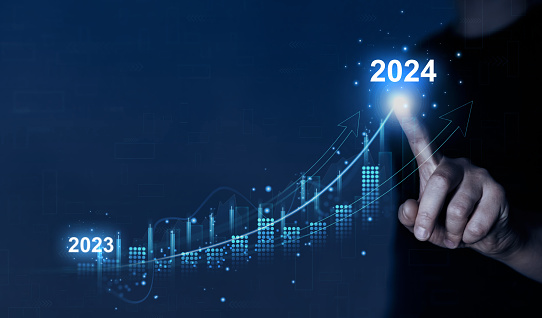 Aumentar el gráfico de flecha del crecimiento futuro corporativo año 2024. Planificación, oportunidad, reto y estrategia de negocio. Nuevas metas, planes y visiones para el próximo año 2024 photo