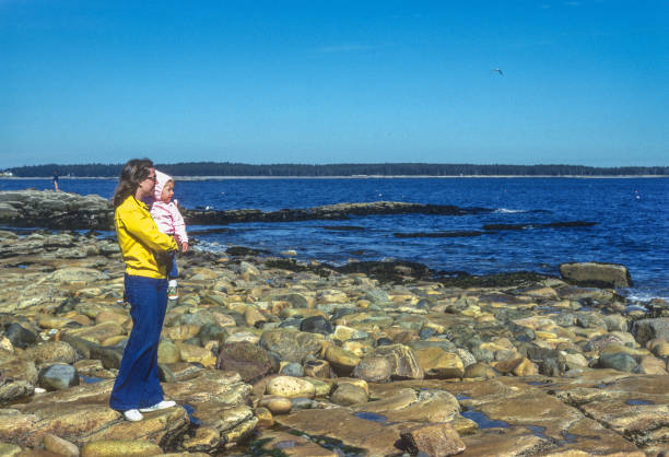 acadia np - matka a batole na rock beach - 1980 - atlantského oceánu fotky - stock snímky, obrázky a fotky