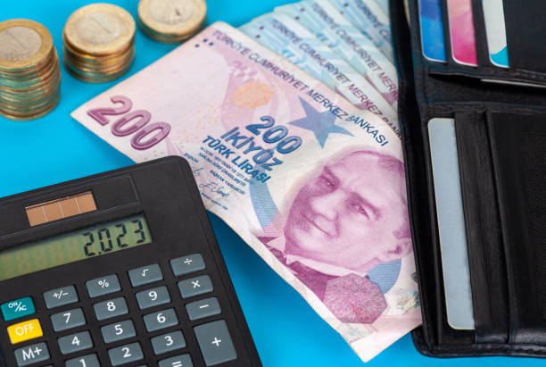 istock Turkish lira and calculator on blue background 1514655375