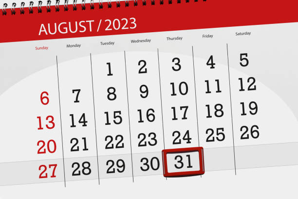 Calendar 2023, deadline, day, month, page, organizer, date, August, thursday, number 31 Calendar 2023, deadline, day, month, page, organizer, date, August, thursday, number 31. number 31 stock illustrations