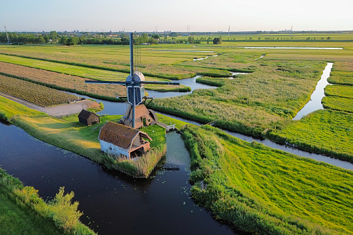 Drone view of a classic Dutch windmill called 
