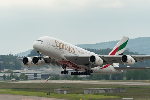 Zurich, Switzerland, May 19, 2023 A6-EEQ Emirates Airbus A380-861 aircraft is taking off from runway 16